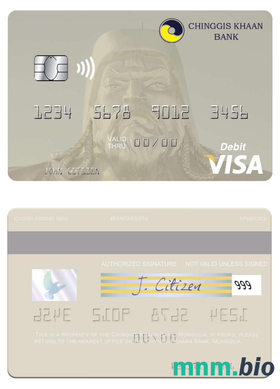Mongolia Chinggis Khaan Bank visa debet karta przykład w formacie PSD